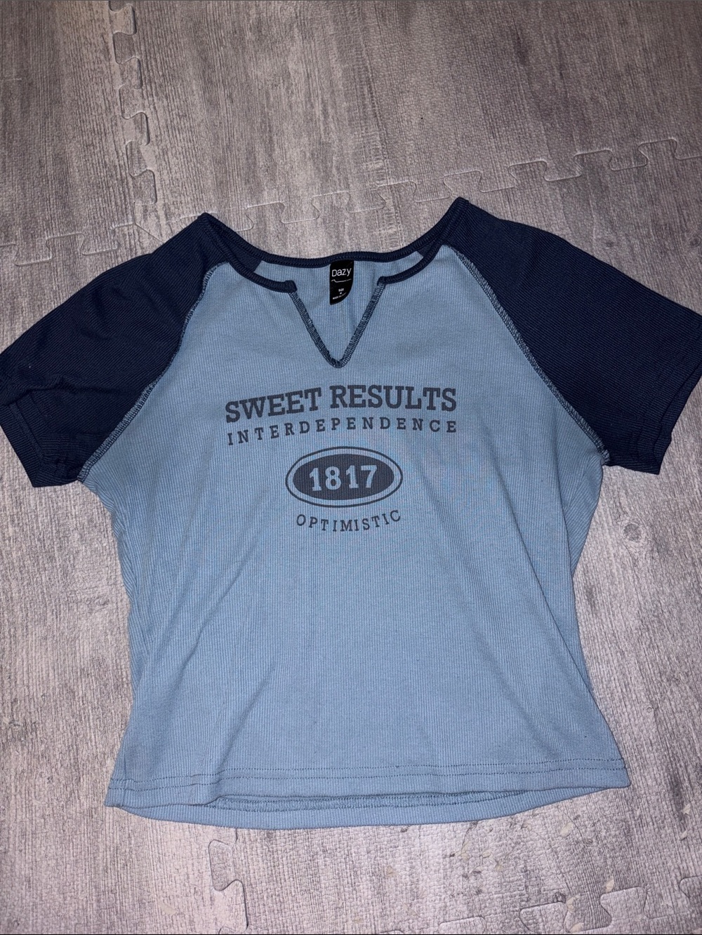 Oazy Blue Raglan Graphic Tee - Sweet Results